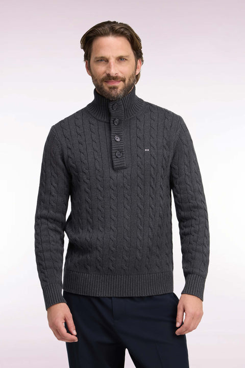 Pull à torsades col boutonné en coton gris coupe droite - Image 3