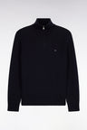 Straight cut ribbed navy wool and cotton trucker neck sweater