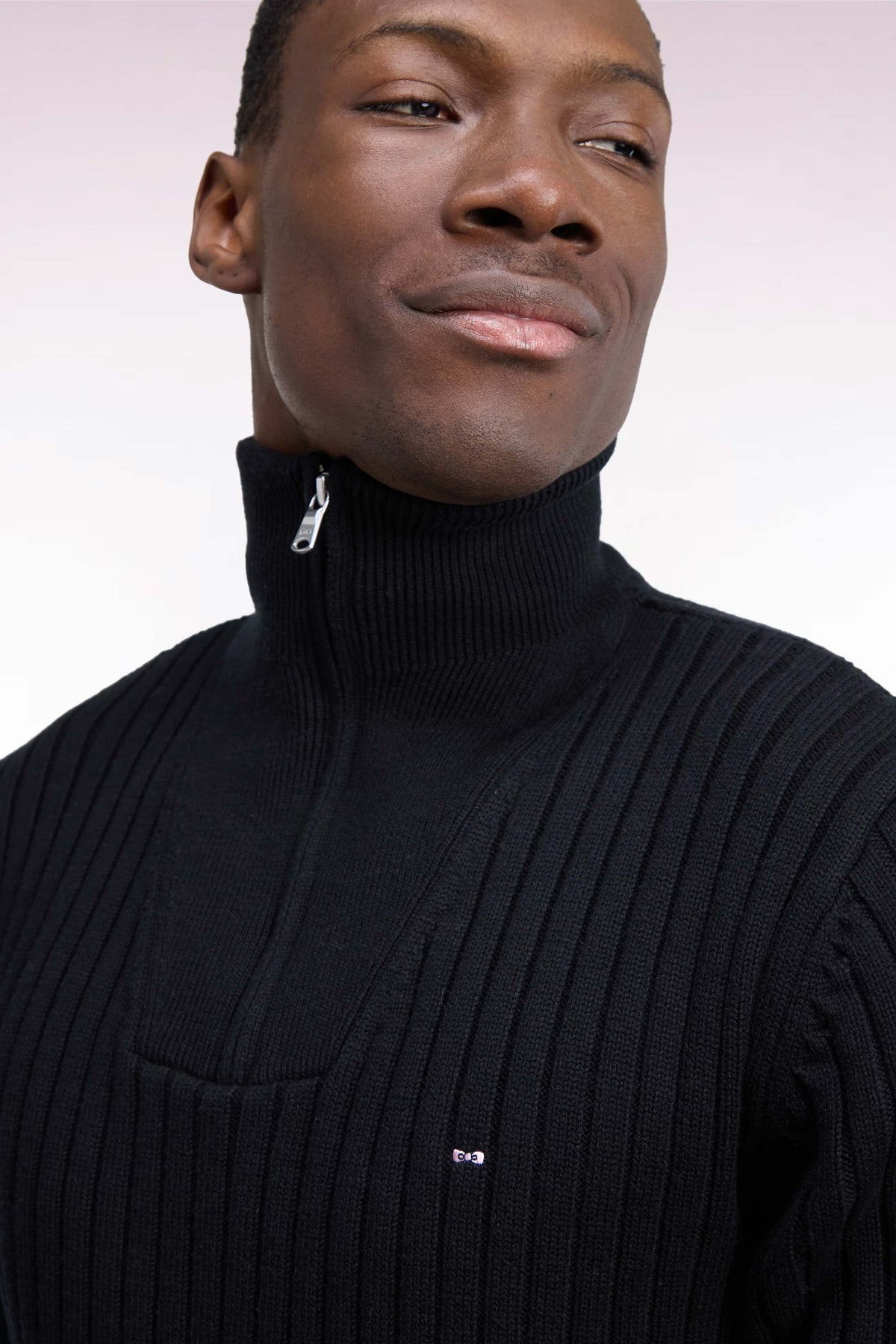 Pull col camionneur en laine et coton noir côtelé coupe droite