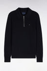 Pull à col polo zippé en coton et viscose noir coupe droite
