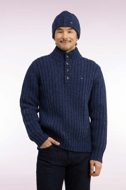 Pull à col montant boutonné en maille épaisse côtelée bleu chiné - Image 3
