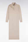 Robe midi à col polo en laine vierge et cachemire beige coupe droite