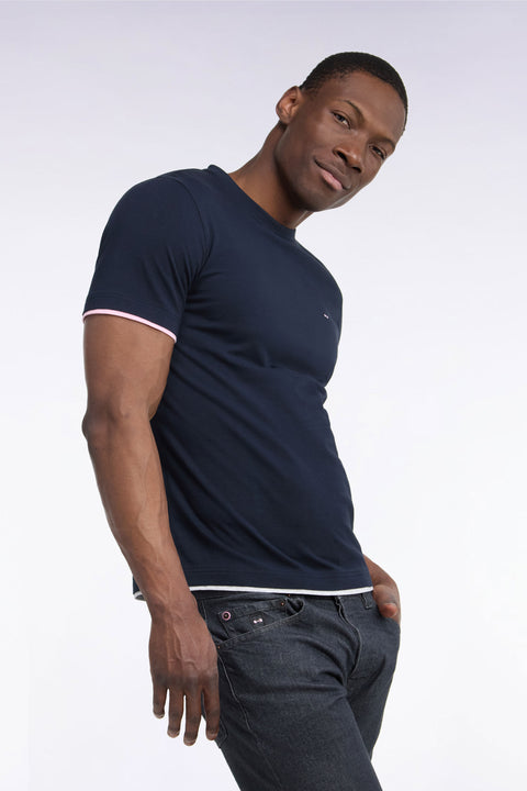 T-shirt manches courtes en coton marine sérigraphie dos coupe droite - Image 1