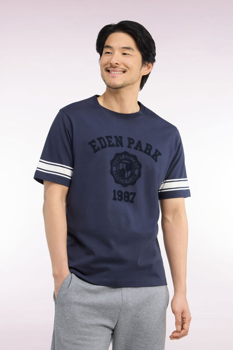 T-shirt manches courtes en coton marine sérigraphié coupe droite - Image 1