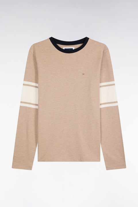 T-shirt manches longues en coton peigné beige coupe droite - Image 2