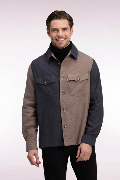 Surchemise en coton bicolore camel et kaki coupe droite - Image 3