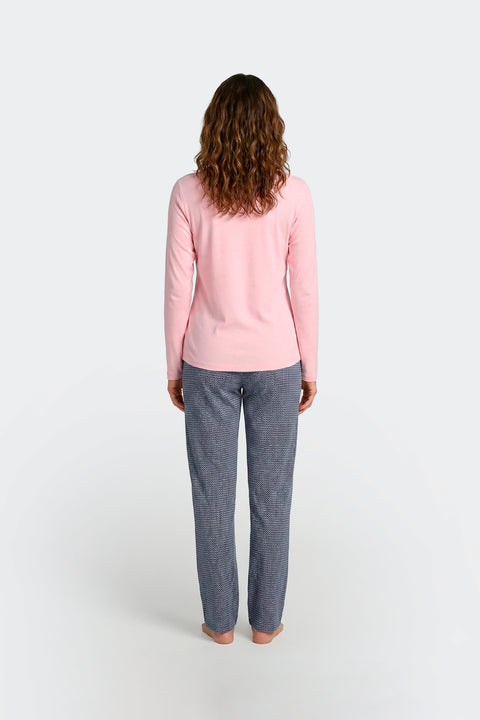 Ensemble pyjama long en coton rose et marine imprimé fantaisie - Image 3