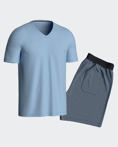 Short pyjamas in blue cotton jersey with micropatterned shorts LACKING BOTTOMS - Image 3