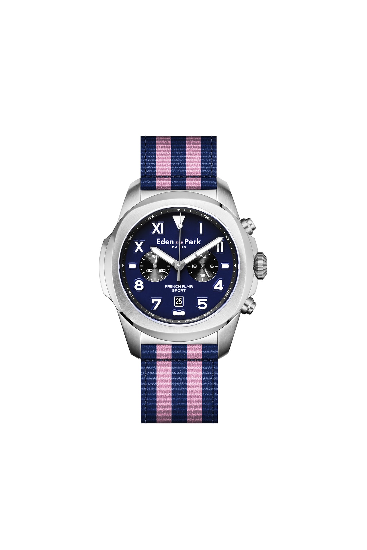 Chronograph quartz watch with blue background striped NATO strap