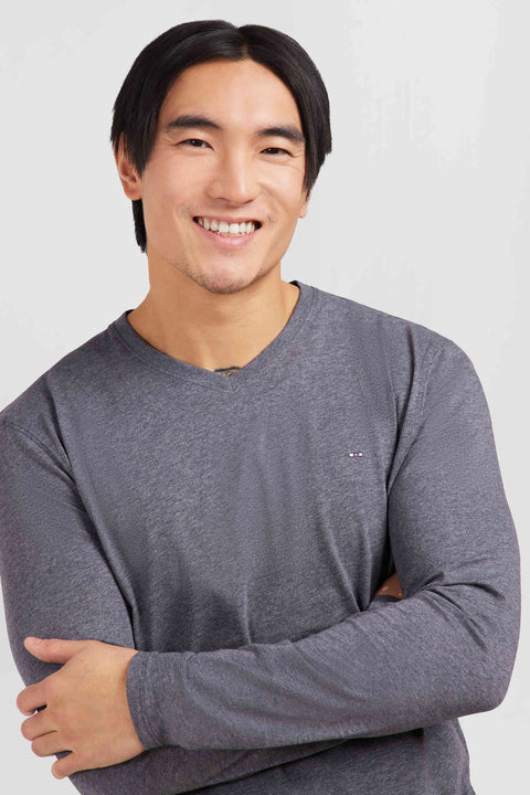 T-shirt gris col V à manches longues - Image 1