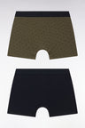 Set of two plain and printed boxer shorts in navy and khaki stretch cotton jersey