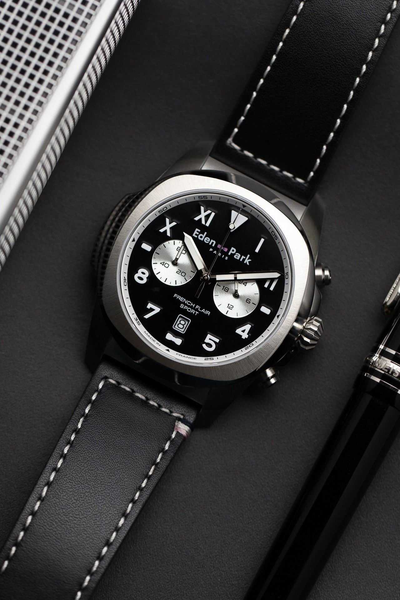 Black leather chronograph quartz watch