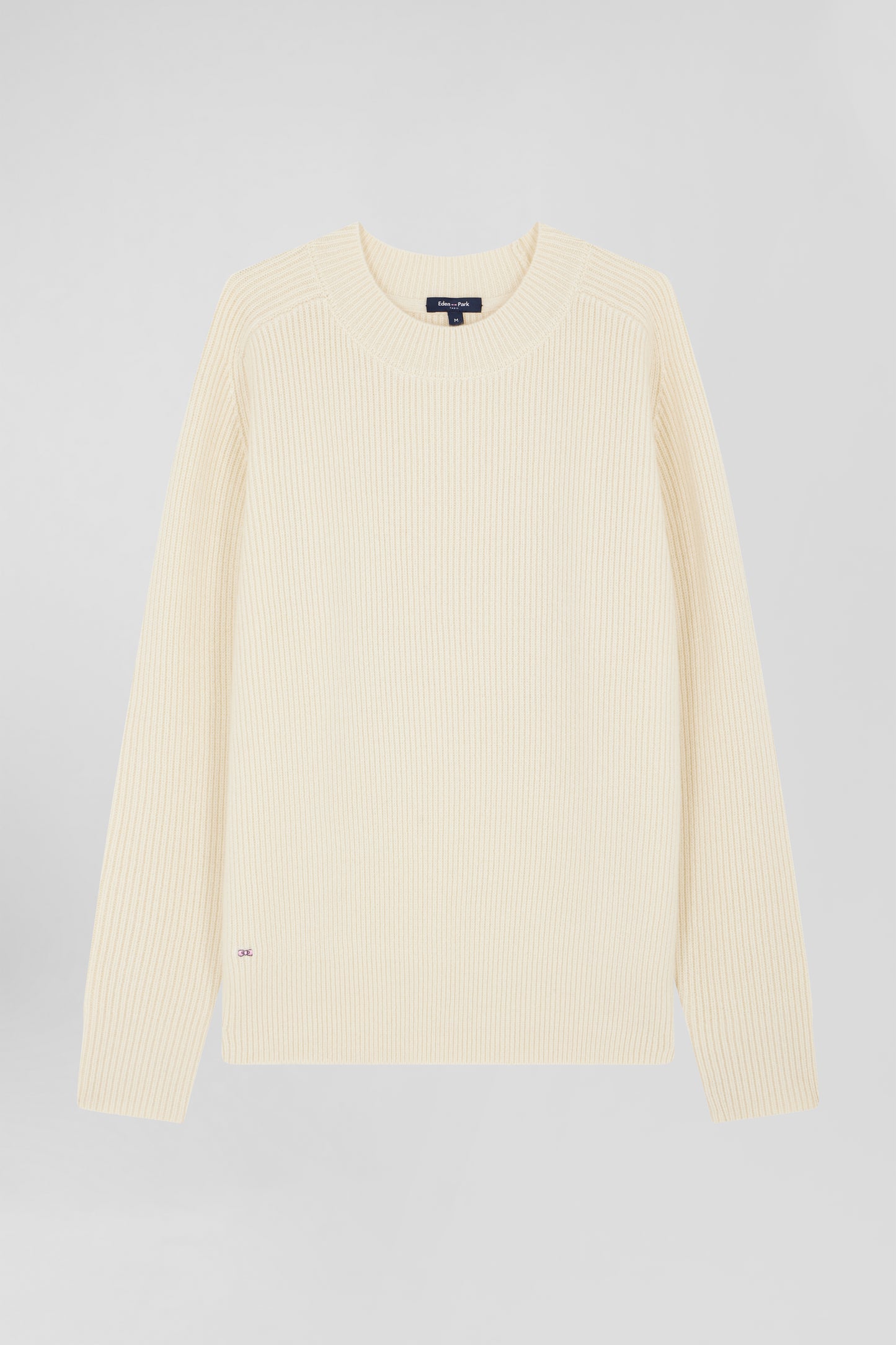 Plain round-neck sweater in beige wool and cashmere, regular fit