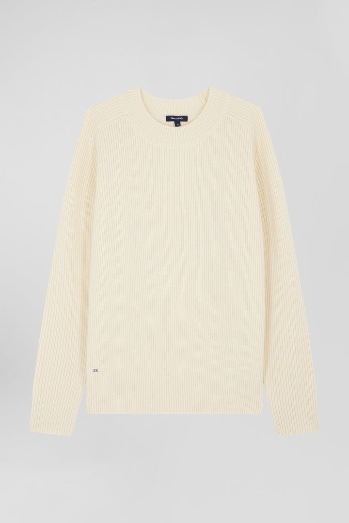 Pull col rond uni en laine et cachemire beige coupe Regular