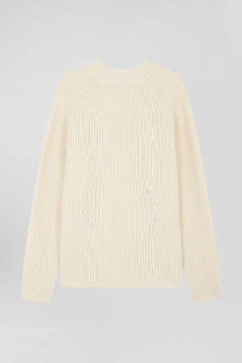 Plain round-neck sweater in beige wool and cashmere, regular fit - Image 2