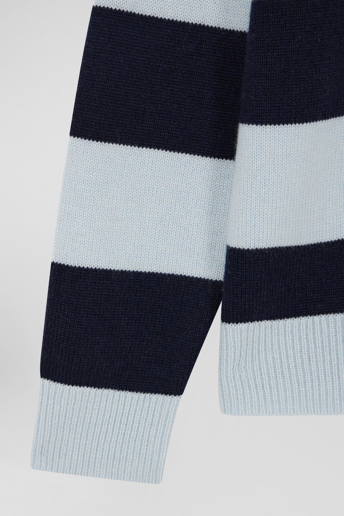 Light blue and navy striped wool and cashmere polo-neck sweater