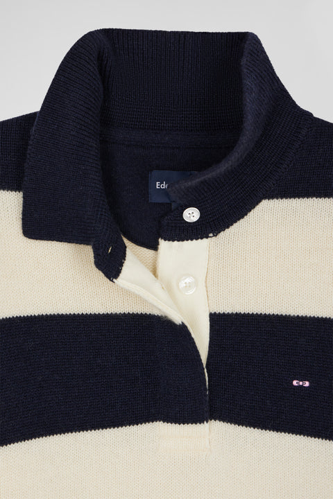 Pull col polo en laine et cachemire rayé bleu marine et écru - Image 3