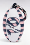 Porte-clefs ballon de rugby cerclé blanc et rose