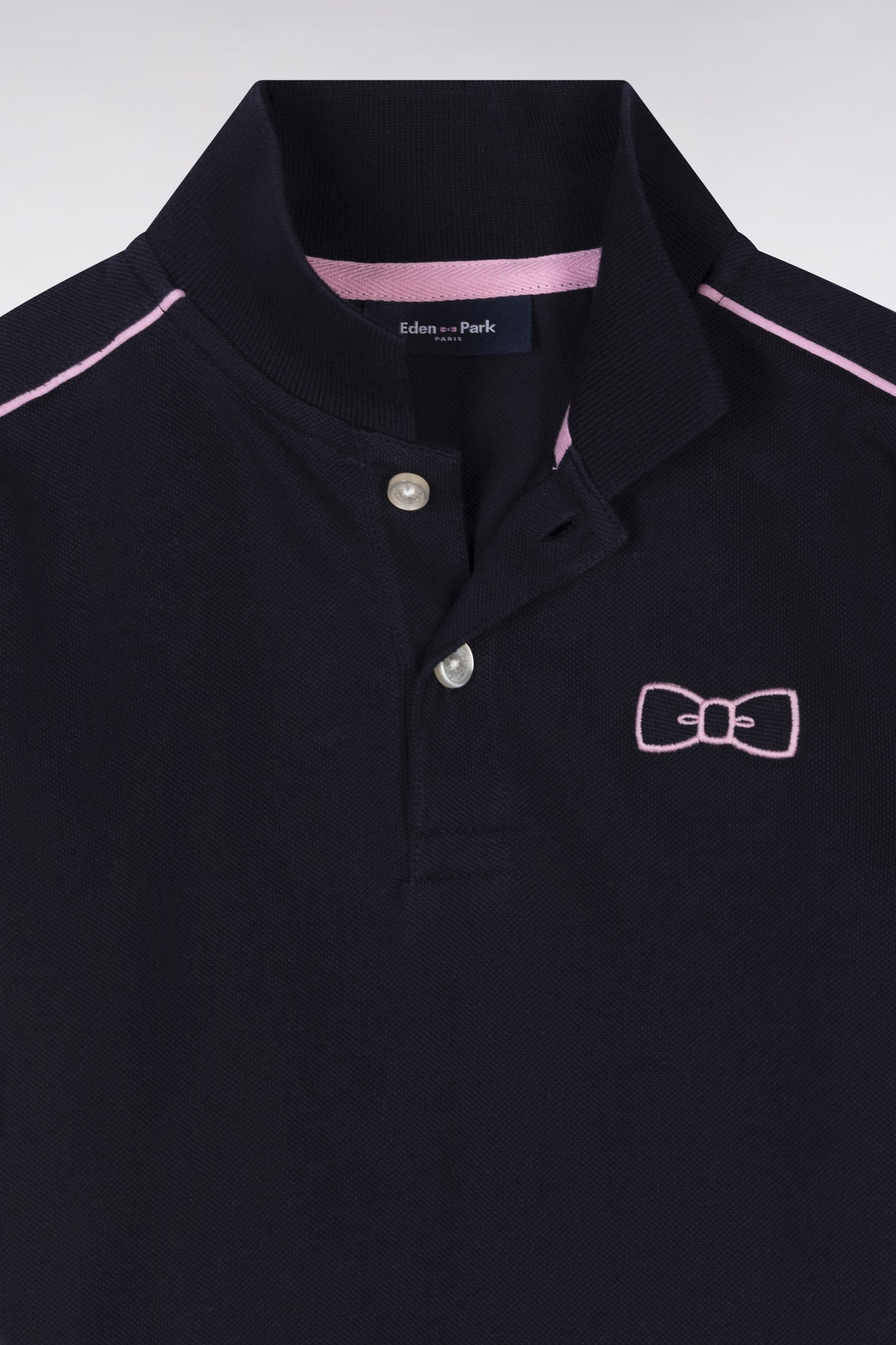 Straight-fit short-sleeved navy cotton piqué polo shirt with pink piping