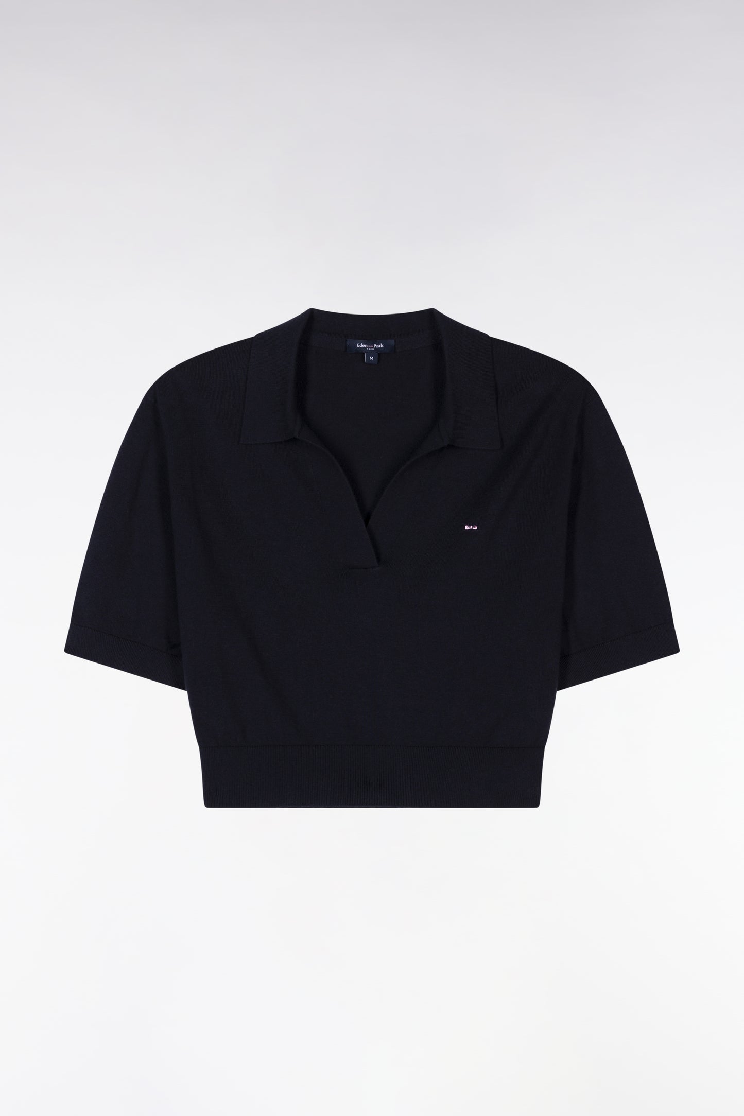 Pull col polo à manches courtes en coton biologique et cachemire marine coupe droite