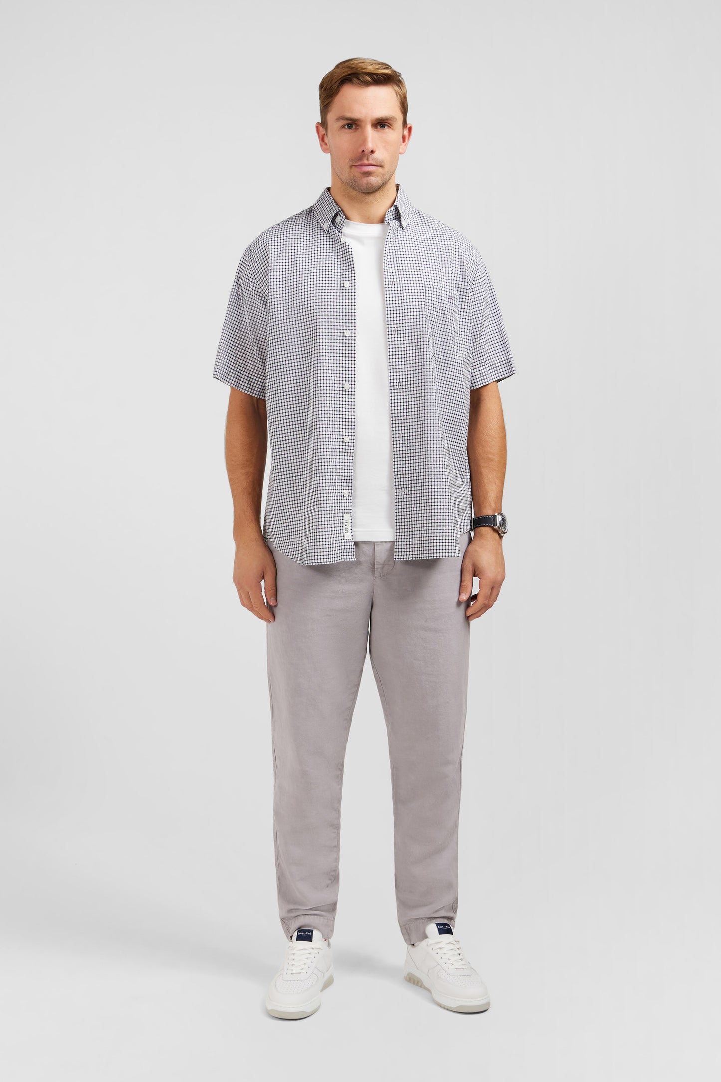 Dark blue cotton dobby checked shirt