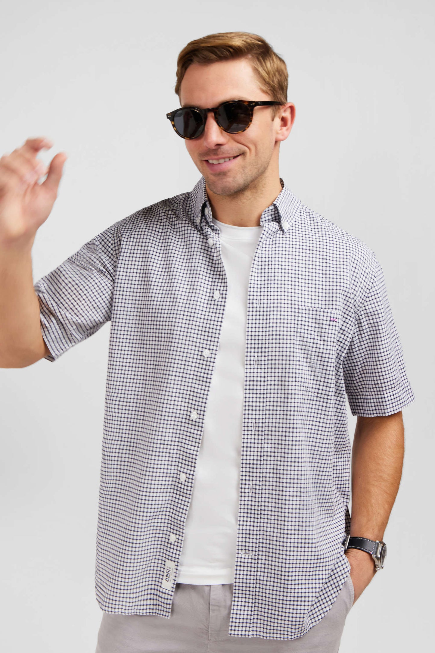 Dark blue cotton dobby checked shirt