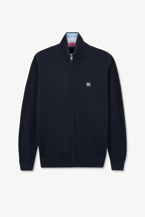 Navy cotton zipped jumper cardigan with tri-colour emblem - Image 2