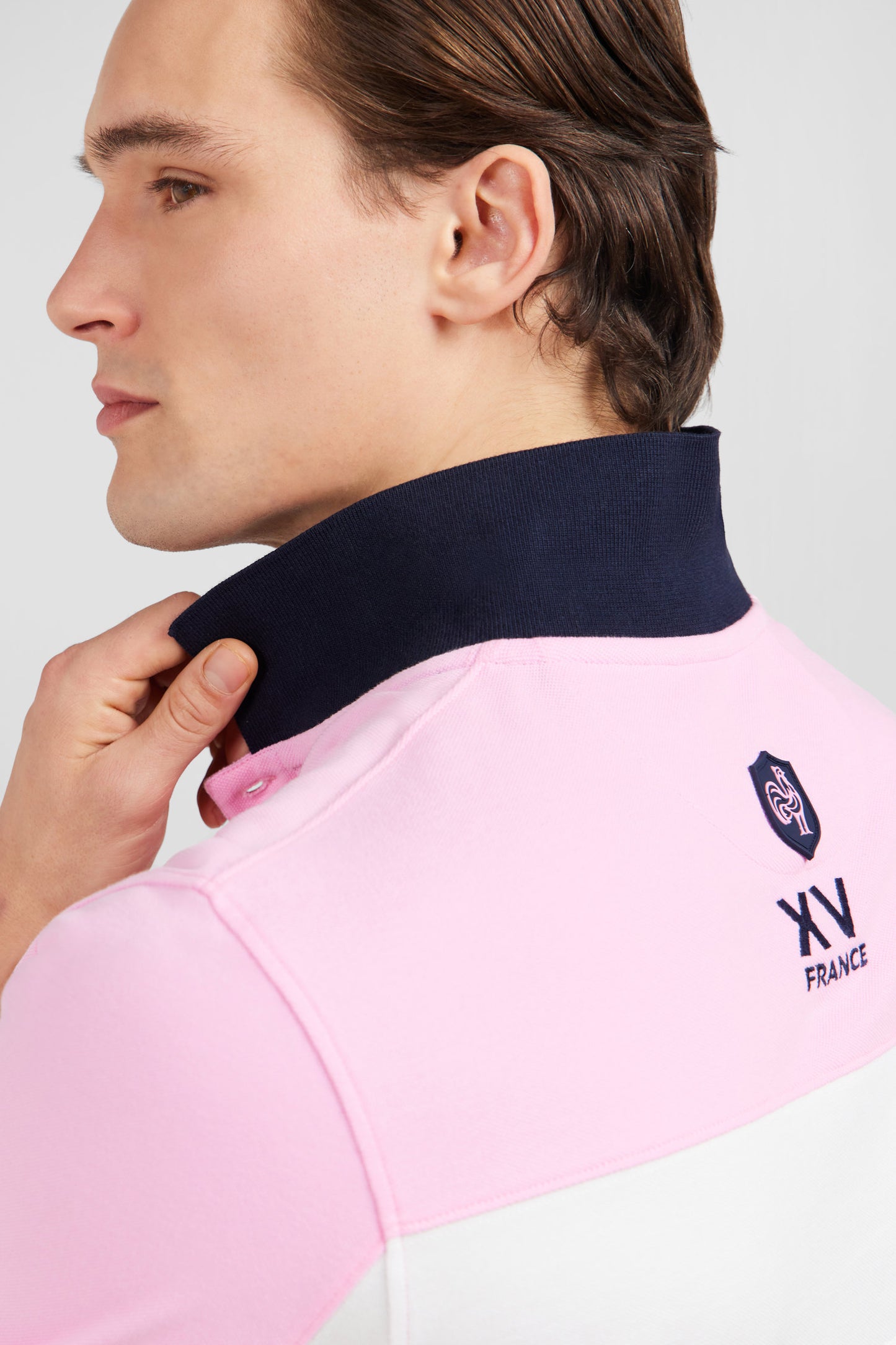 Polo colorblock rose en coton piqué à broderie XV de France
