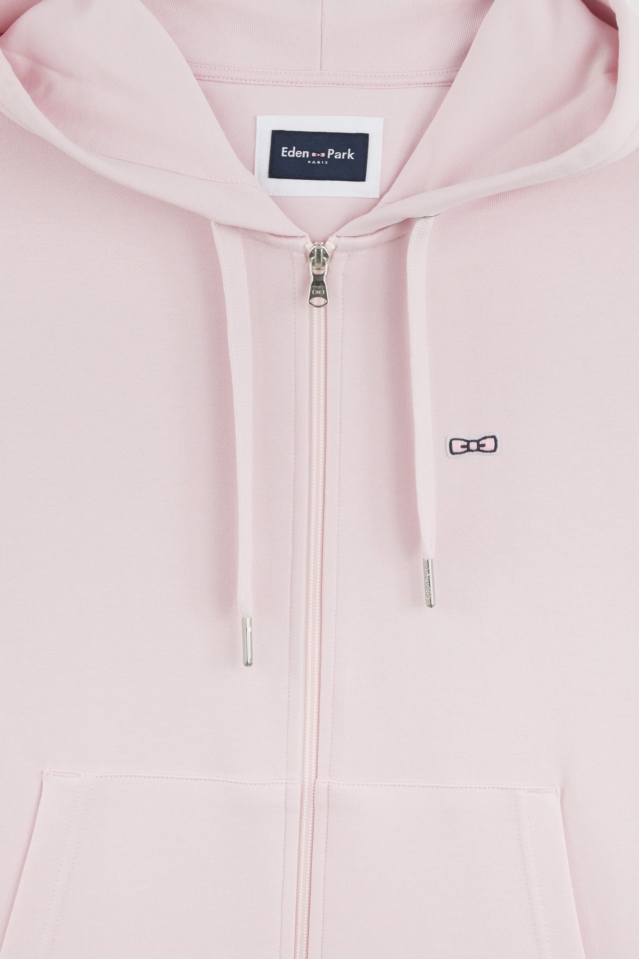 Pink fleece zipped hoodie with bow tie embroidery
