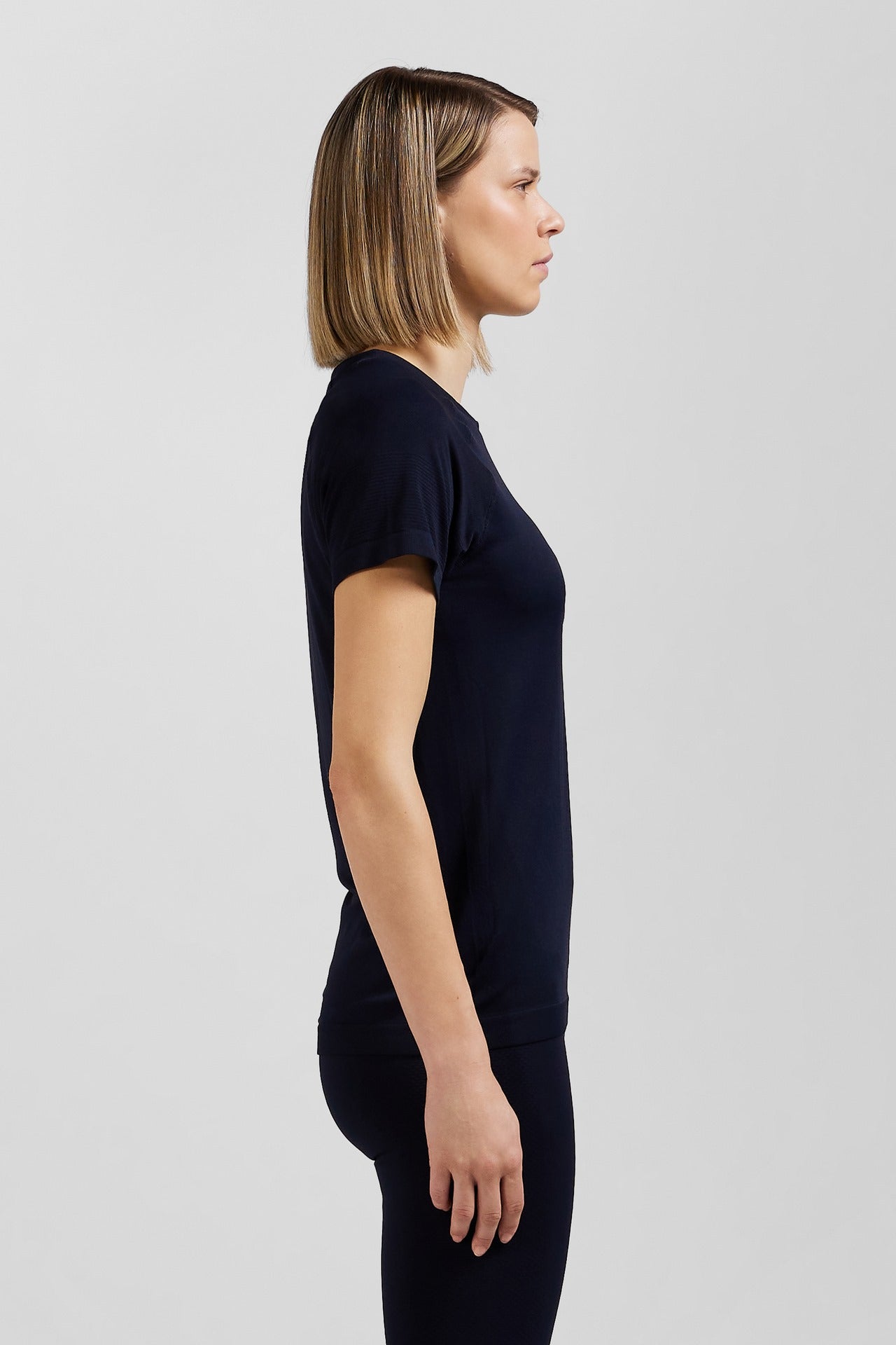 Navy blue short-sleeved sports T-shirt with striped details