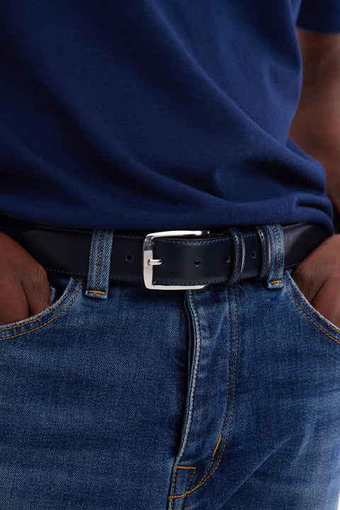 Navy smooth leather belt with double loops - Image 2