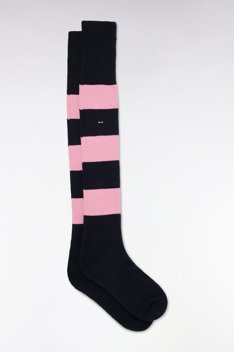 Chaussettes de rugby montantes cerclées roses et marine - Image 1
