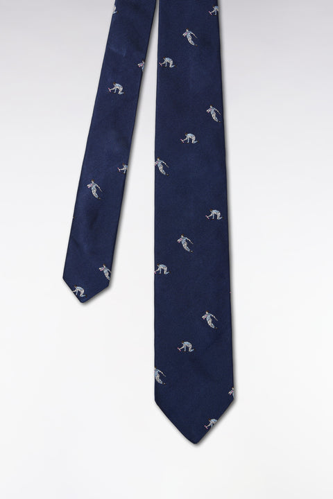 Cravate en soie indigo motifs joueurs de rugby - Image 1