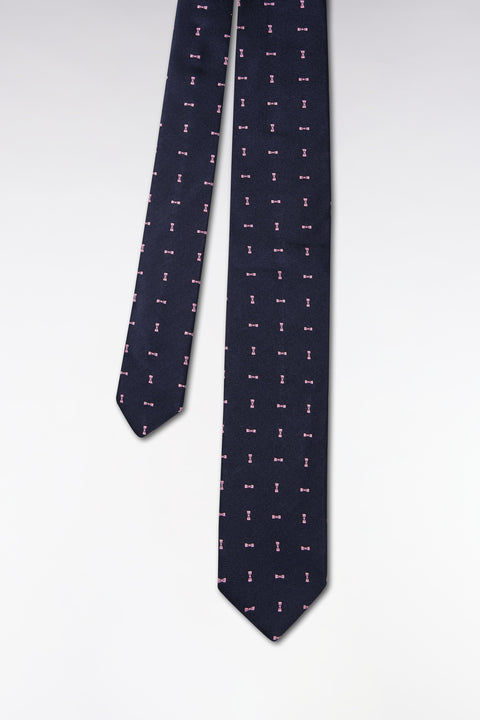 Navy silk tie with pink bow tie pattern - Image 1