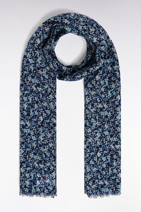 Cotton and silk scarf with blue floral print - Image 2