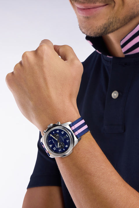 Chronograph quartz watch with blue background striped NATO strap - Image 2