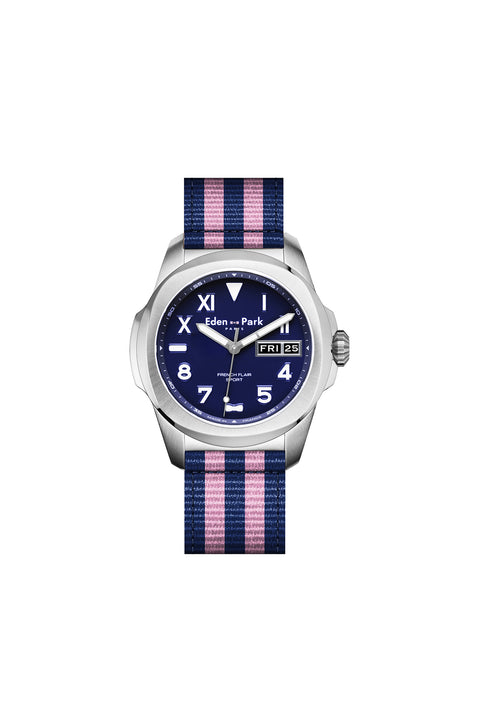 Quartz watch date indicator blue background striped NATO strap - Image 1