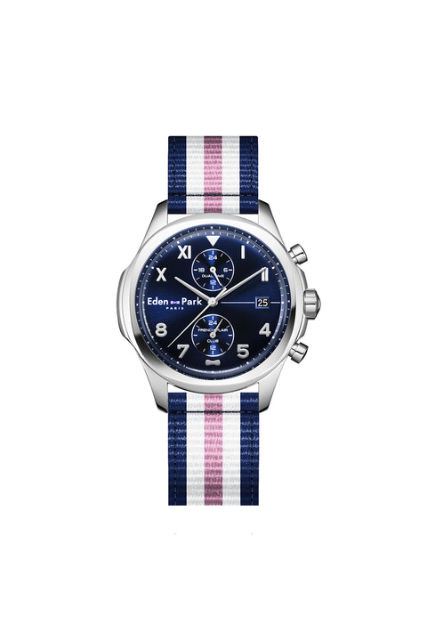 Montre à quartz chronographe fond bleu bracelet NATO rayé tricolore - Image 1
