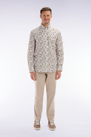 Straight-cut beige stretch cotton and linen pleat-free chinos