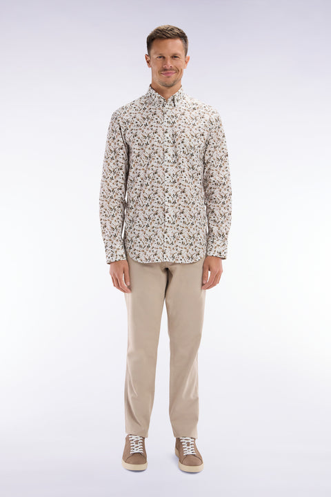 Pantalon chino sans pli en coton et lin stretch beige coupe droite - Image 1