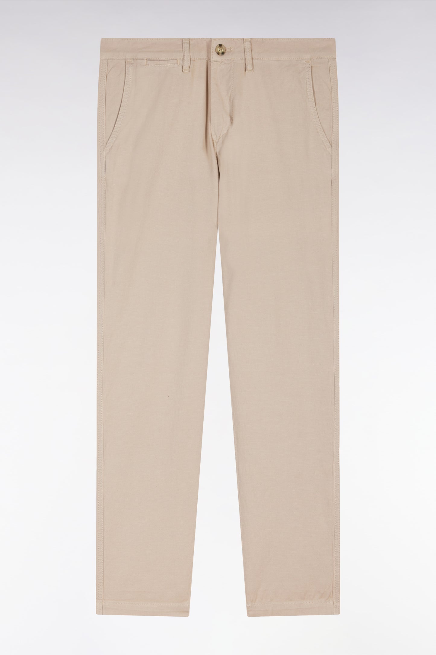 Pantalon chino sans pli en coton et lin stretch beige coupe droite