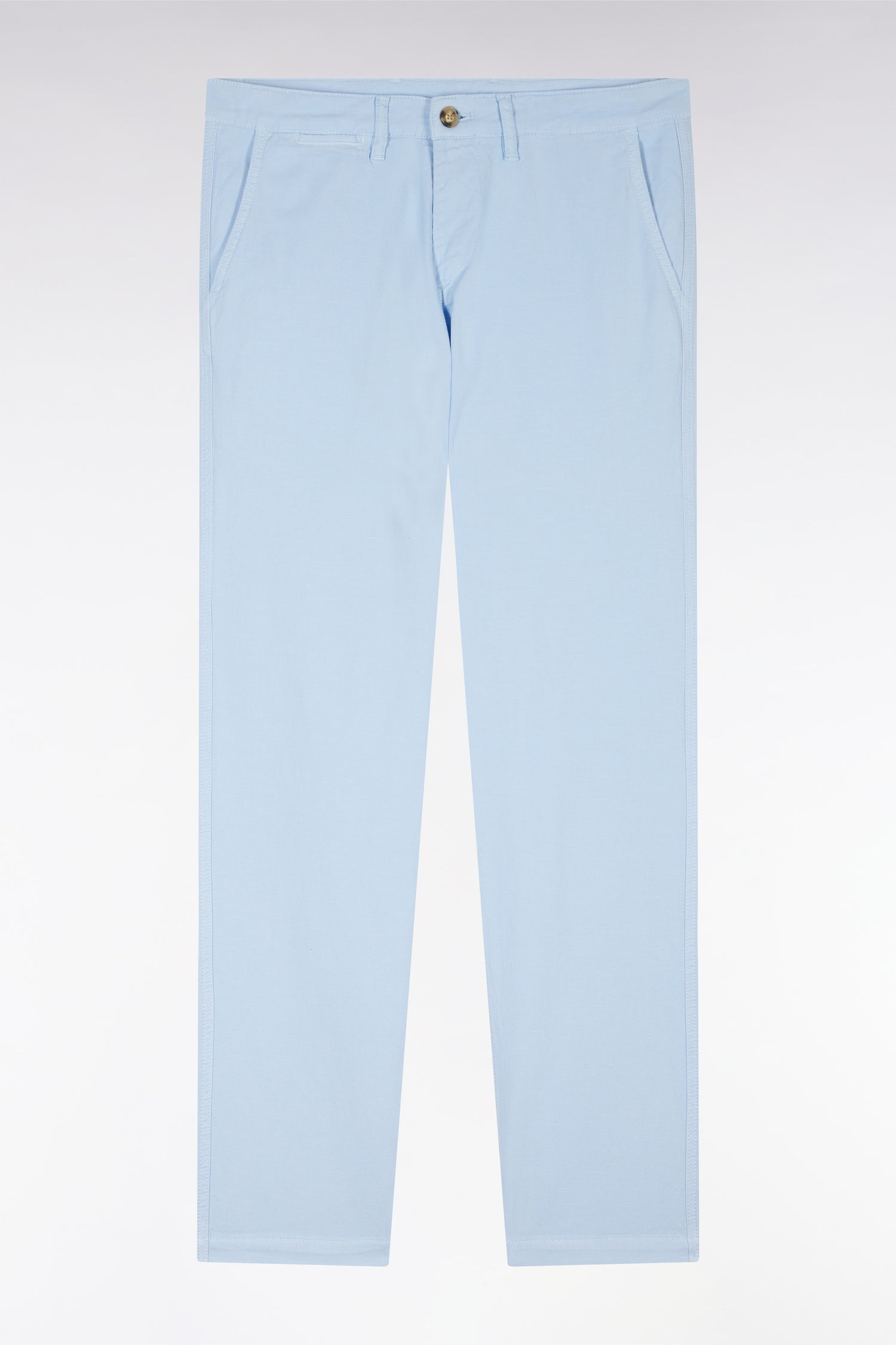 Pantalon chino sans pli en coton et lin stretch bleu ciel coupe droite