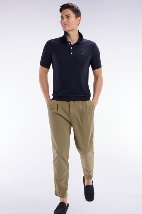 Pantalon chino à plis en coton stretch kaki coupe droite - Image 3