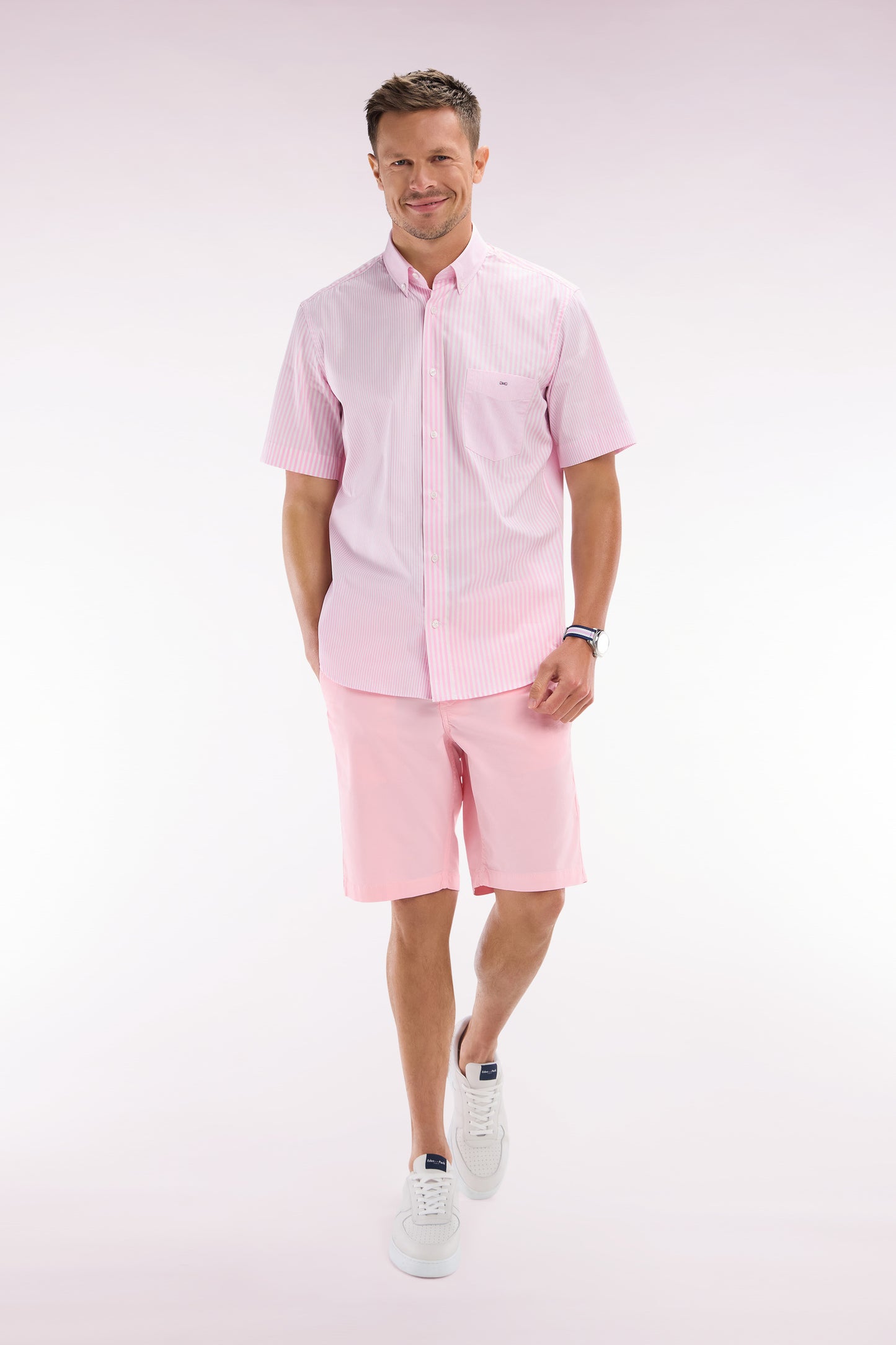 Pink straight-cut stretch cotton chino Bermuda shorts