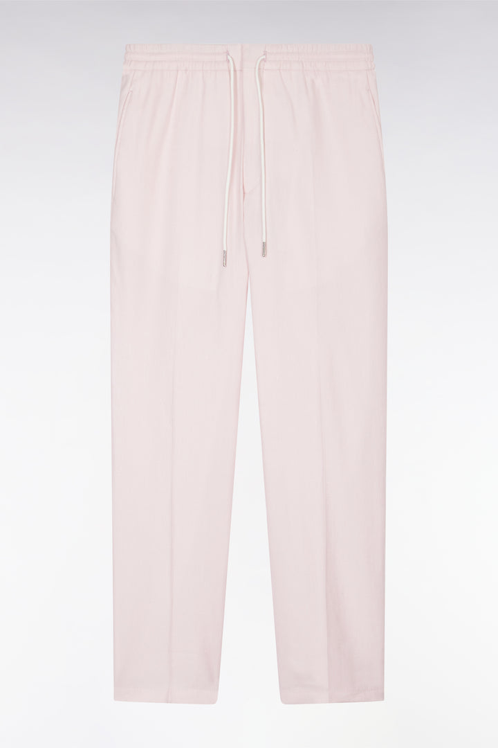 Pantalon à taille élastique en lin et coton stretch rose