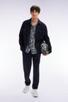 Flowing elastic trousers in navy stretch linen - cotton blend