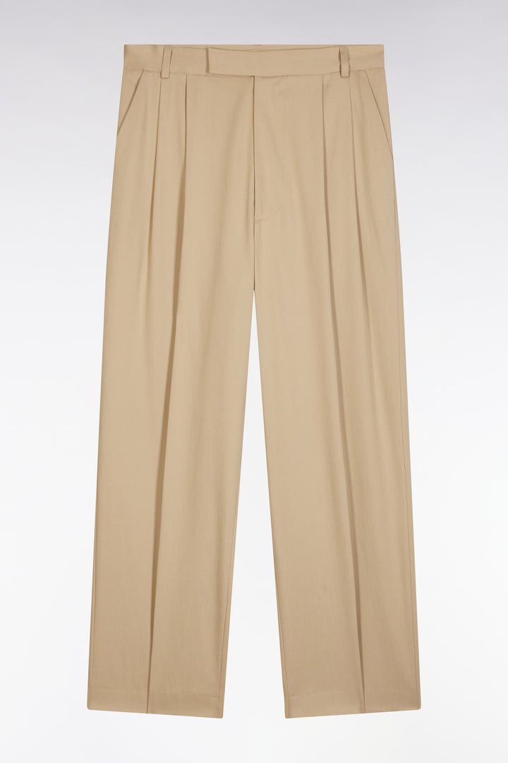 Pantalon à plis jambes larges en lyocell et coton stretch beige