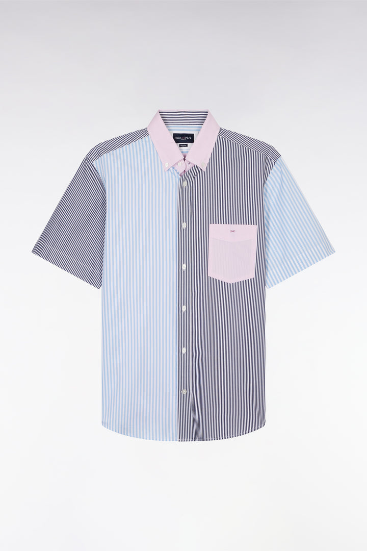 Chemise à manches courtes rayée en coton ciel rose et marine coupe droite