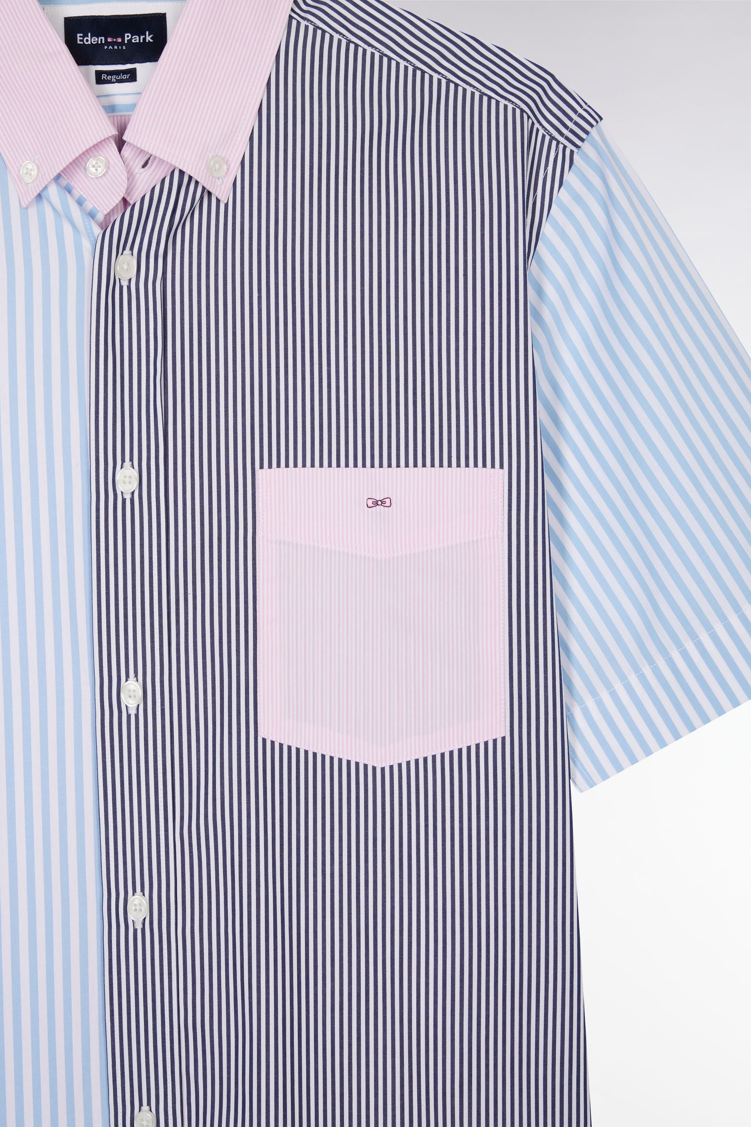 Chemise à manches courtes rayée en coton ciel rose et marine coupe droite