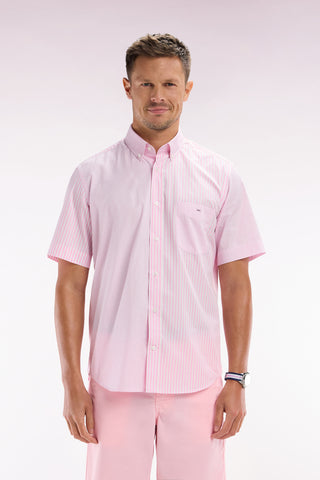 Straight short-sleeved shirt in pink striped poplin cotton